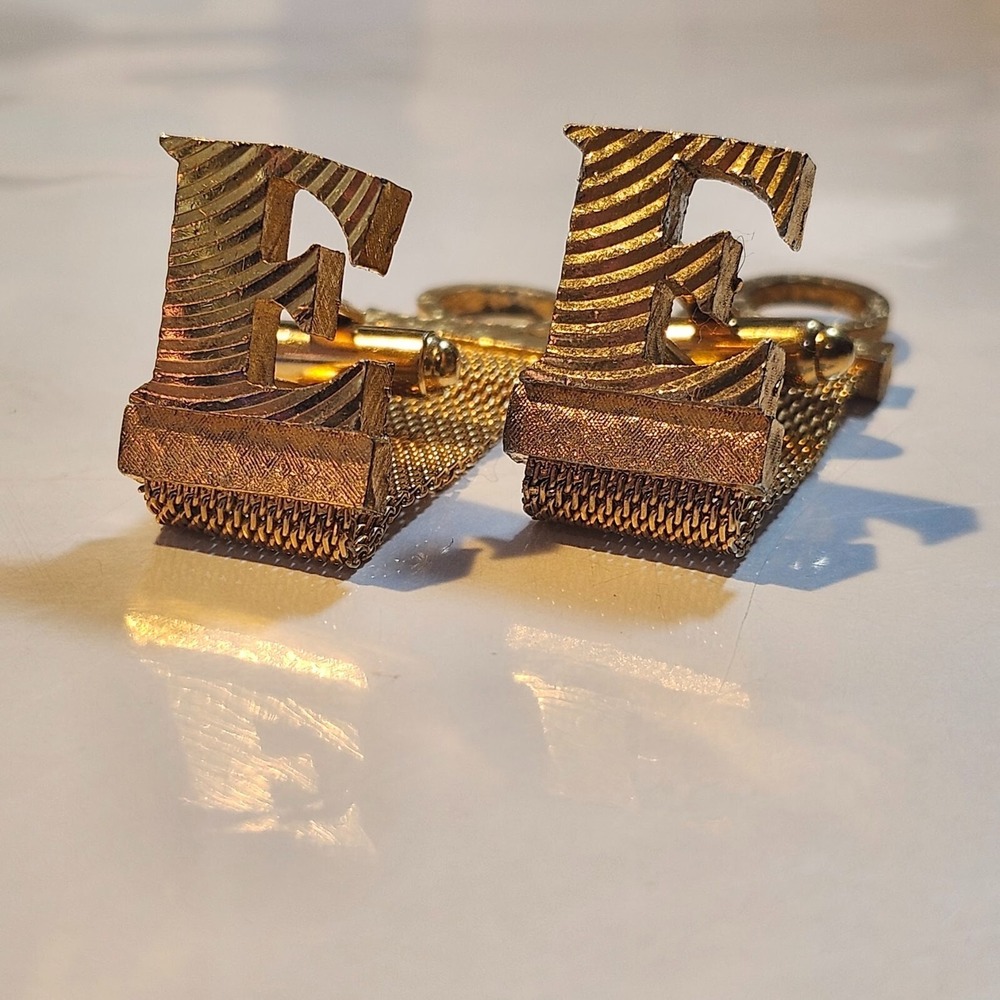 Vintage Dante Letter "E" Signed Gold Tone Cuff Links - Picture 2 of 10